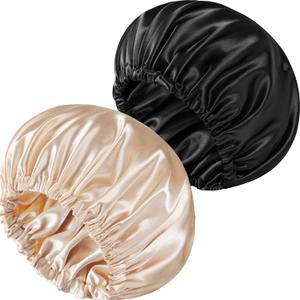 2 PCS Satin Bonnet Double Layer Sleep Hair Silk Bonnet for Sleeping Women Curly Natural Hair (Black&Gold)