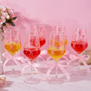 6 Pcs Pink Bow Wine Glasses with Ribbon Coquette Clear Glass Cups Elegant Cute Bow Heart Cocktail Wine Goblets Gifts for Wedding Bride Shower Bachelorette Birthday Party