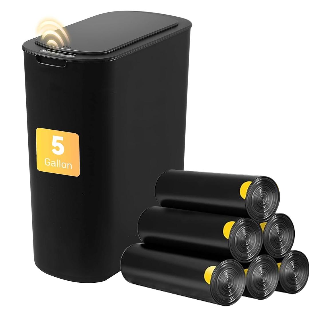 Bathroom Trash Can with Lid 5 Gallon Black Motion Senor Automatic Garbage Cans for Kitchen,Bedroom, Office, Living Room