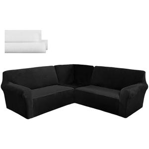 Breling 3 Pcs L Shaped Couch Covers for Sectional Corner Sofa Stretch 5 Seat Washable Corner Sofa Slipcover Sectional Couch Protector for Living Room(Black,Velvet)