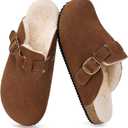 Womens Fur Lined Suede Clogs Mens Fuzzy Leather Mules Cork Footbed Slip On Winter Potato Shoes with Arch Support, Tan, Size: 13 Women/12 Men