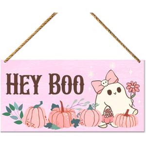 Halloween Wood Door Sign, Pink Halloween Ghost Decor for Home Porch Patio Front Door Hey Boo Wall Hanging Sign Decorations