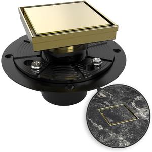 WEBANG 4 Inch Square Shower Drain Gold Floor Drain with Flange Reversible 2-in-1 Cover Tile Insert Grate Removable SUS304 Stainless Steel CUPC Certified Brushed Gold