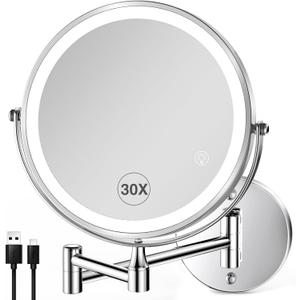 30X LED Lighted Makeup Mirror: 8.5in Wall Mounted Magnifying Mirror with Light - Chrome