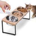 Elevated Cat Bowls with 3 Stainless Steel Bowls, 15 Tilted Raised Cat Food Bowl Wood Pet Bowls with Stand Anti Vomiting 2 Stainless Steel Bowl for Cats and Puppy