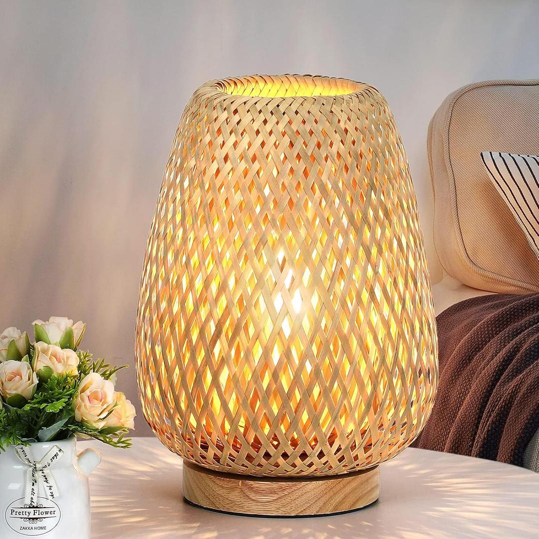 Rattan Table Lamp, Stepless Dimmable Small Beside Lamp, Vintage Wicker Wooden Nightstand Boho Bamboo Woven End Table Lamps for Bedroom Living Room Desk Kids Room, 2700K T45 LED Bulb Included
