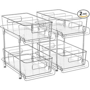 HIHEGD 2-Tier Bathroom Organizer with Dividers, Clear Under Sink and Pull-Out Cabinet Organizer for Kitchen and Pantry Storage