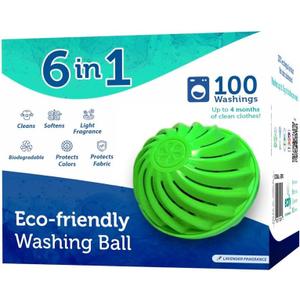 Eco-Friendly Laundry Ball - 100 Washes, 6-in-1 Detergent Alternative - Hypoallergenic, Protects Fabrics & Colors - Includes 2 Refills, Safe for Sensitive Skin & Babies - Economical & Chlorine-Free