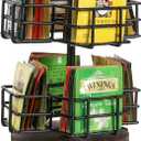 MyGift 8 Compartment Tea Bag Organizer Carousel, Black Metal Wire Packet Holder and 360 Degree Spinning Burnt Solid Wood Base, Coffee Station Storage Caddy