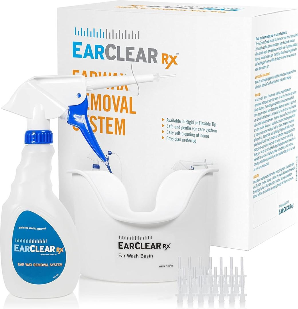 EarClear Rx Complete Ear Wax Removal & Cleaning Kit Safe, Gentle, Doctor-Recommended Ear Cleaning & Ear Wax Removal Kit for Adults & Kids Includes Bottle Washer, Basin & 20 Rigid & Flexible Tips