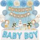 Ouddy Party Dusty Blue Baby Shower Decorations for Boy with Welcome Baby Banner Baby Boy Blue Champagne Sand Foil Balloons Fringe Curtains Paper Pom Poms for Baby Shower Gender Reveal Party Supplies