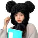 Cute Plush Faux Fur Animal Critter Hat Cap with Ear Flaps Fuzzy Bear Hat Soft Warm Winter Hats Beanie for Adults Women Girls (Large, Black)