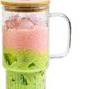 32oz Ribbed Glass Cup with Handle Lid and Straw, Borosilicate Glass Tumblers, Iced Coffee Cups Modern Glass Mug Hot/Cold Drinks for Smoothies, Tea, and Juice (clear-1 Pack-Bamboo Lid)