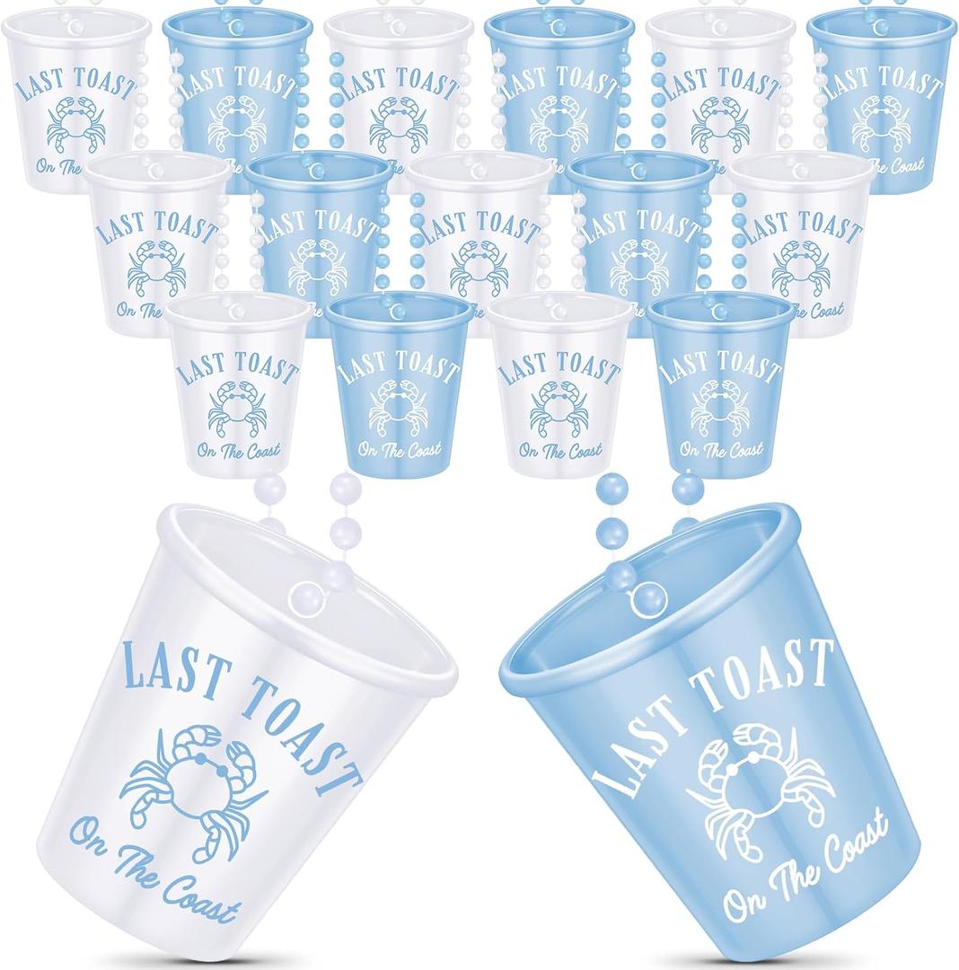 Landical 15 Pcs Last Toast on the Coast Bachelorette Cups White and Blue Shot Glass on Beaded Necklaces Plastic Coastal Adults Beach Wedding Party Favor Supplies