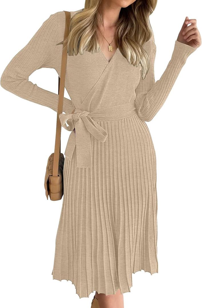 ZESICA Women's Spring Long Sleeve Wrap V Neck Ribbed Knit Pleated A Line Pullover Sweater Dress with Belt, M