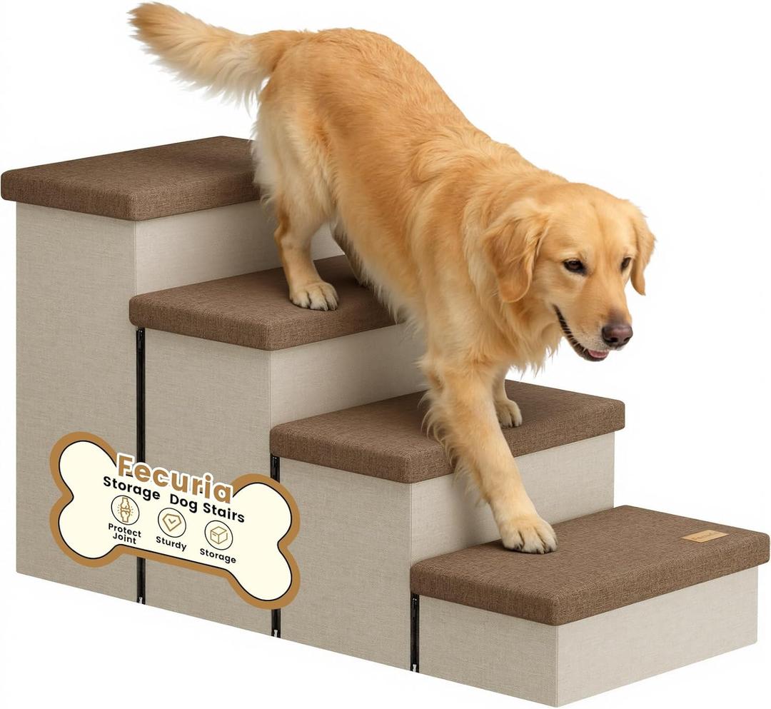 4-Step Wide Dog Stairs with Hidden Storage 23" H, Non-Slip Dog Steps for High Bed Couch Car, Jiont-Friendly Pet Stairs Ramp for Small/Medium/Large Old Dogs Cats Up to 220lbs, Beige&Coffee Lid