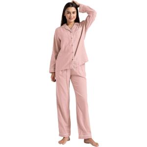 Womens Pajama Set 100% Double Gauze Cotton Linen Like Super Soft Comfy Lightweight Button Down Sleepwear (X-Large, Long Sleeve, Dusty Rose Pink)
