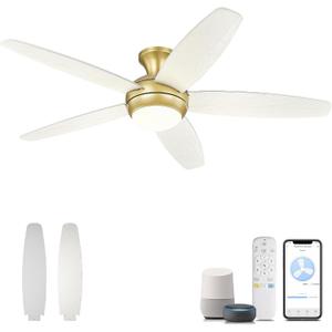 YOUKAIN 52'' Low Profile Ceiling Fan With Light, Gold Flush Mount Ceiling Fan, 6 Speeds DC Reversible Motor, Outdoor Indoor Modern Smart Ceiling Fans Work With WIFI App, 52-YJ236-GD