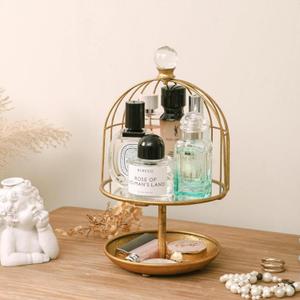 NIKKY HOME Makeup Organizer, Gold Perfume Organizer Trays for Dresser, Vintage Jewelry Tray Organizer with Double Layer, Metal Decorative Mirror Tray for Countertop Vanity and Bathroom