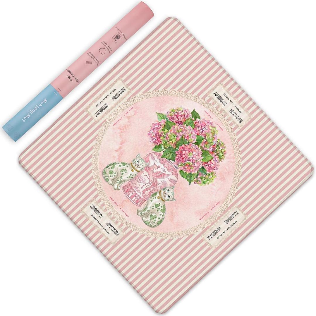 Pink Mahjong Mat with Rules, 31.5x31.5 Non-Slip Neoprene American Mahjong Table Mat, Floral Chinoiserie Hydrangea Design, 3mm Thick Waterproof Mahjong Accessories with Carrying Bag & Premium Gift Box