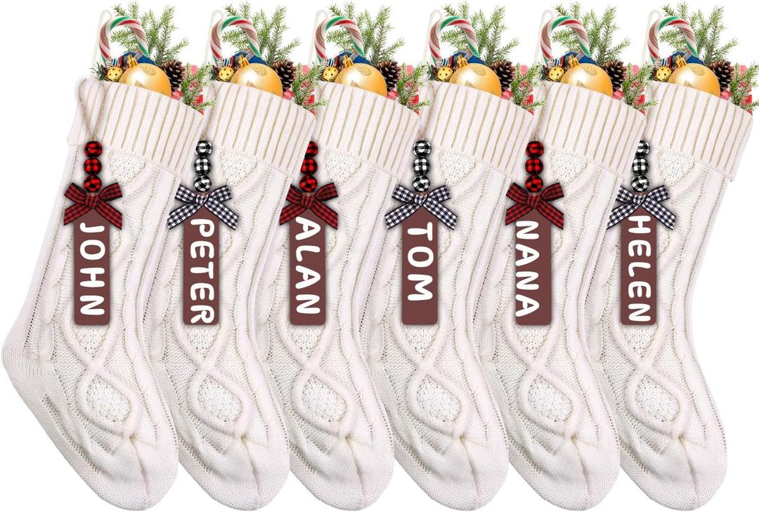 XIMISHOP 6PACK White Christmas Stockings,18Inches Large Cable Knitted Stocking Personalized Xmas Hanging Stocking Decorations with Name Tags for Holiday Christmas Party Family Decor