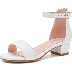 Dufannie Girls Sandals Low Heels Dress Pump Ankle Strap Open Toe Flower Girl Wedding Party for Toddler, 1 Big Kid (Single Pu White)