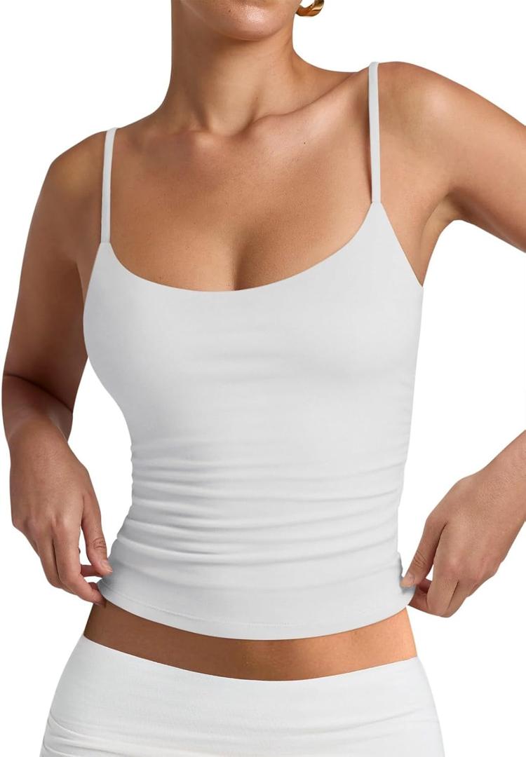 PINKMSTYLE Women's Basic Double Lined Scoop Neck Tank Tops Adjustable Cami Tank Summer Sleeveless Tops (White, Small)