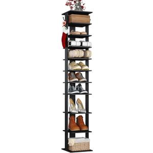 HOMEFORT 10-Tier Vertical Shoe Rack, Corner Shoe Tower, Slim Shoe Organizer with Two Hanging Hooks, Wooden Shoe Storage Stand for Entryway, Hallway, Closet (Black)