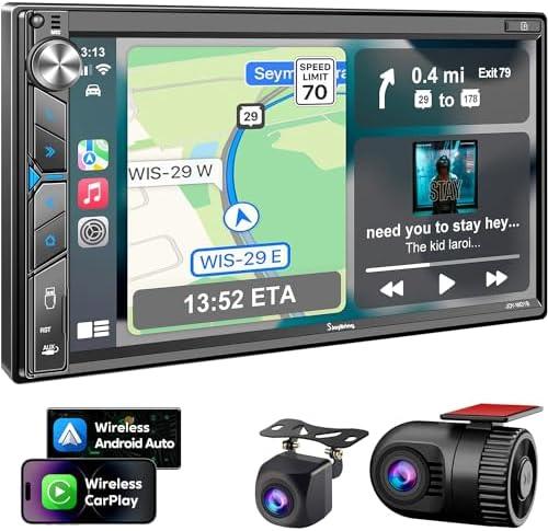 Double Din Car Stereo with Dash Cam - Voice Control Carplay, Android Auto, Steering Wheel Controls, 7" HD Touchscreen, Backup Camera, Bluetooth, Mirror Link, Subw, USB/TF/AUX, AM/FM Radio Receiver