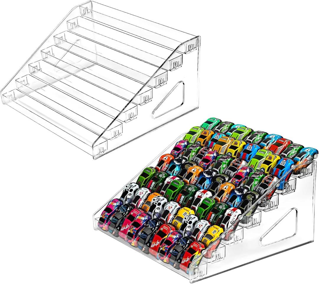 2-Pack Clear 7 - Tier Acrylic Toy Car Display Shelf for Hot Wheels Holds 120+ 1:64 Scale Toy Cars, Desktop, or Freestanding Organizer for Collectors