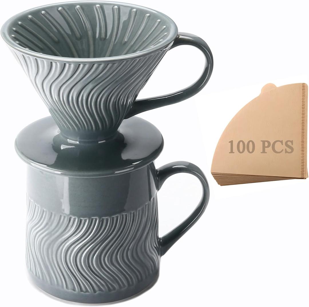 Pour Over Coffee Maker with 100 Sheets of Paper Filter, 15 oz Ceramic Coffee Mug & Coffee Dripper, 1 Cup-Single Brew Coffee Set, Grey