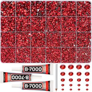 31000Pcs Red AB Rhinestones for Bedazzling, Bedazzler Kit with Flatback Rhinestones for Clothes Crafting Crafts Nails, 2,3,4,5,6mm Flat Back Resin Crystal Bedazzling Kit with B 7000 Glue Clear