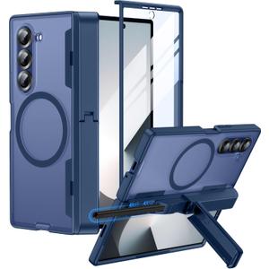 for Samsung Galaxy Z Fold 6 Case with S Pen Holder, Fit for MagSafe, Built-in Screen Protector, Hinge Cover & Stand, Translucent Matte Full Body Protection Phone Case, Blue