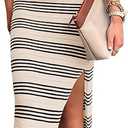 PRETTYGARDEN Women's Summer Bodycon Sundresses Casual Midi Sleeveless Hollow Out Knit Side Slit Striped Long Tank Dress Small