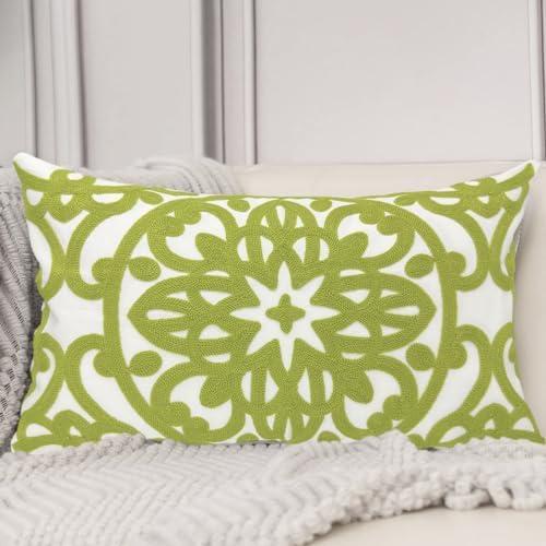 Alysheer Embroidered Lumbar Decorative Throw Pillow Cover 12 x 20 inches, Classic Mandala Chic Pattern Avocado Green Farmhouse Cushion Case for Sofa Couch Bed Living Room(Chartreuse Green)