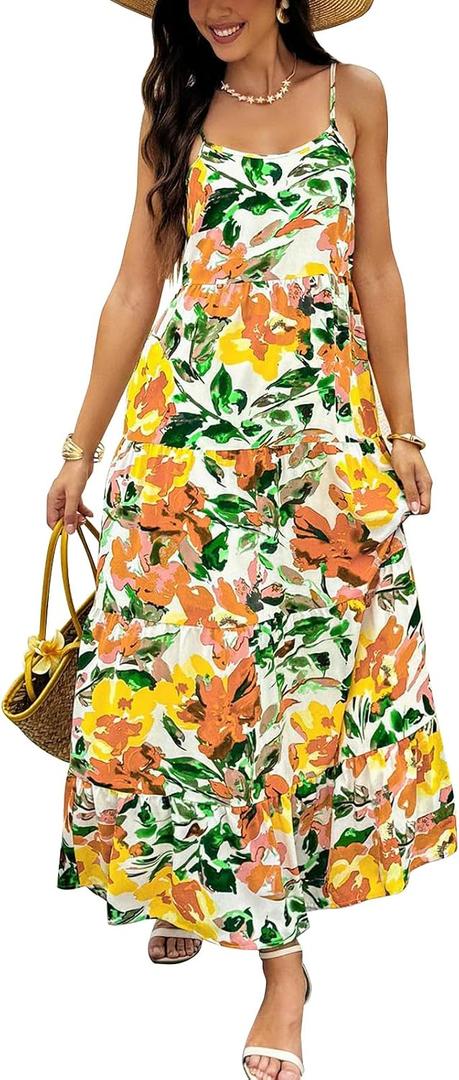 PRETTYGARDEN Women Summer Dresses 2026 Spaghetti Strap Scoop Neck Floral Maxi Dress Flowy Boho Long Sundress with Pockets (S)