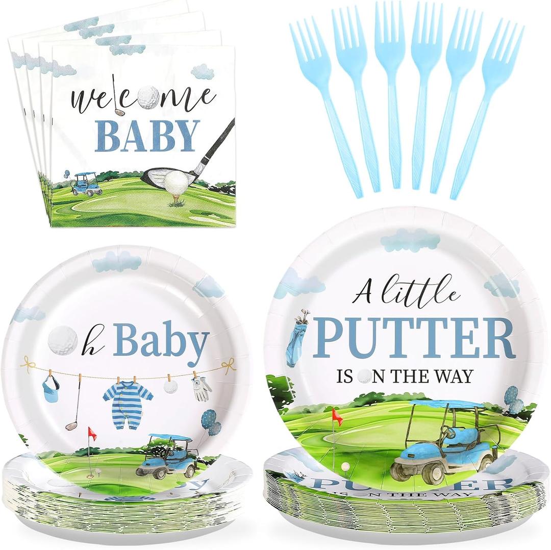 Grencian 96Pcs Golf Baby Shower Party Supplies A Little Putter Plates and Napkins Tableware Sets Green and Blue Decoration for Baby Shower Newborn Pregnancy Boy Girl Birthday Party Serve 24