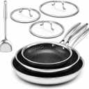 USELUCK Non Stick Frying Pan Set - 8, 10, 12-Inch Hybrid Non-Toxic Skillet with Lids - Dishwasher & Oven Safe, Induction Ready, Stainless Steel Kitchen Cookware Set (7-Pcs Set), C1-7-pcs