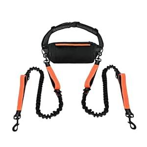 Amazon Basics Hands Free Dog Leash with Running Bag, Adjustable Waist Belt, Dual Padded Handles, Reflective Bungee, Walking, Jogging, Hiking, Fits Small to Large Dogs(Up to 150 lbs)