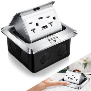 Hoolerry Pop up Floor Outlet Floor Kit Waterproof Electrical Outlet Cover Box with 4.8A USB A & Type C Charge and 20 Amp Tamper Resistant Plug Receptacle Box for Countertop Office Home(Silver)