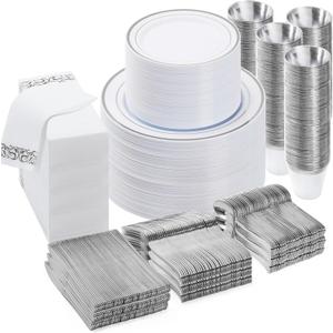700 PCS Silver Dinnerware Set for 100 Guests, Plastic Dinnerware Set for Party, Include: 100 Dinner Plates100 Dessert Plates, 100 Silver Plastic Silverware Set, 100 Cups, 100 Paper Napkins