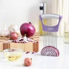 Onion Slicer Holder, JJOO Stainless Steel Onion Cutter for Slicing and Storage Onions, Tomato, Eggs and Vegetables, Protective Cover Included, Dishwasher Safe ( Purple Color)