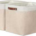 DULLEMELO 2-Pack Large Storage Baskets for Organizing 16"x12"x12" Canvas Fabric Storage Basket Bins With Leather Handles for Shelf Clothes Empty Gift Basket (White&Khaki)