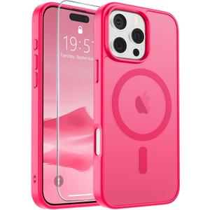 SUPFINE Magnetic for iPhone 16 Pro Max Case (Compatible with MagSafe) (Military Grade Drop Protection) Slim Translucent Matte Shockproof with Anti-Fingerprint Phone Case, Hot Pink