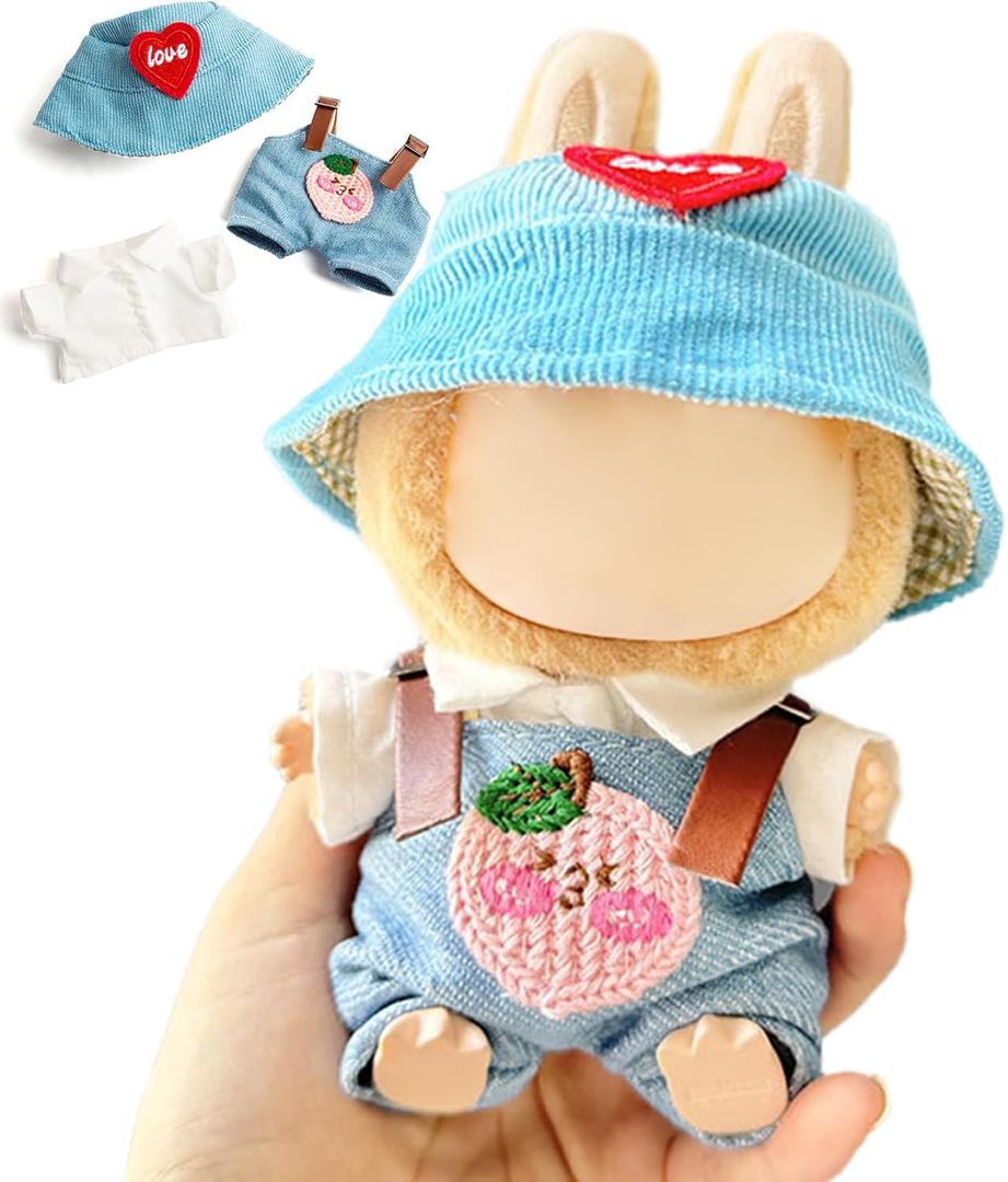 17 cm Doll Clothes, 3-Piece Set Stylish Clothes for 17cm Labubu, Premium Outfit with Accessories - Red Heart Cyan Hat & Polo Shirts & Peach Romper (NO Doll)