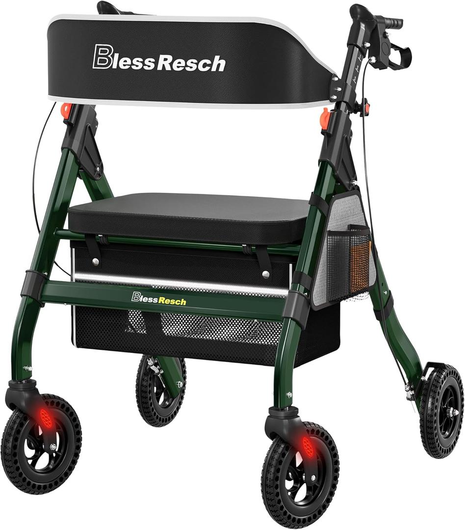 Foldable Rollator Walkers with Seat for Seniors, 450 lb Capacity, 8'' Wheels, 18" Big Seat, 6-Position Height, Heavy-Duty Aluminum Rolling Walker (Green)