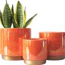 Gepege Ceramic Indoor Pots for Plants, Rainbow Pearl Glaze Planter with Drainage Hole, 6.0 inch+5.0 Inch+4.0 Inch. Orchid Flower Pots (Orange)