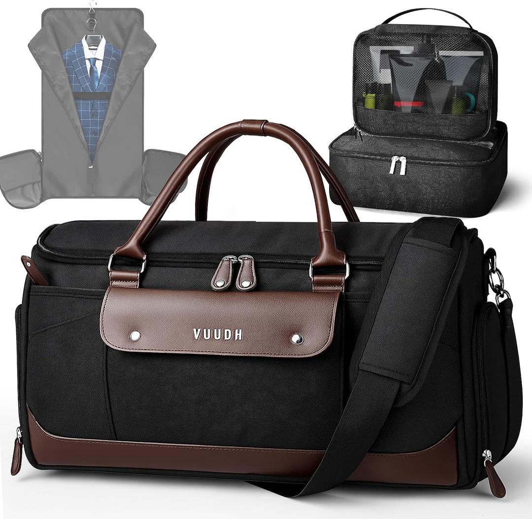VUUDH Convertible Garment Bag for Travel - 50L Leather Carry on Duffel Bag for Men Women with Shoe Compartment & 2 Storage Pouches | 2 in 1 Hanging Suitcase for Wrinkle-Free Travel