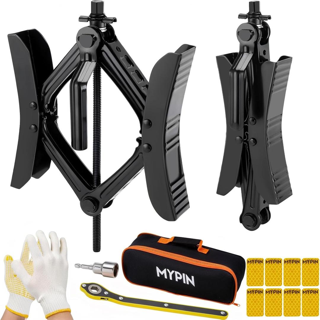 MYPIN Camper Wheel Chock Stabilizer, 2 Sets for RV Travel Trailer, with 8 Reflective Strips, Heavy Duty X-Shaped RV Stabilizer Wheel Chock Anti-Move Tire Wheel Chock