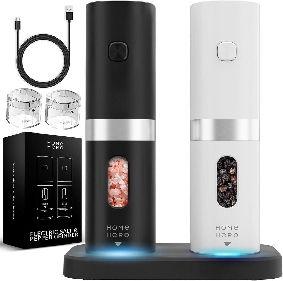 Home Hero Electric Salt and Pepper Grinder Set - Automatic Salt and Pepper Grinder Set Rechargeable. Electronic Salt and Pepper Shakers with LED Light, Electric Pepper Grinder & Salt Grinder, Set of 2 (White & Black)